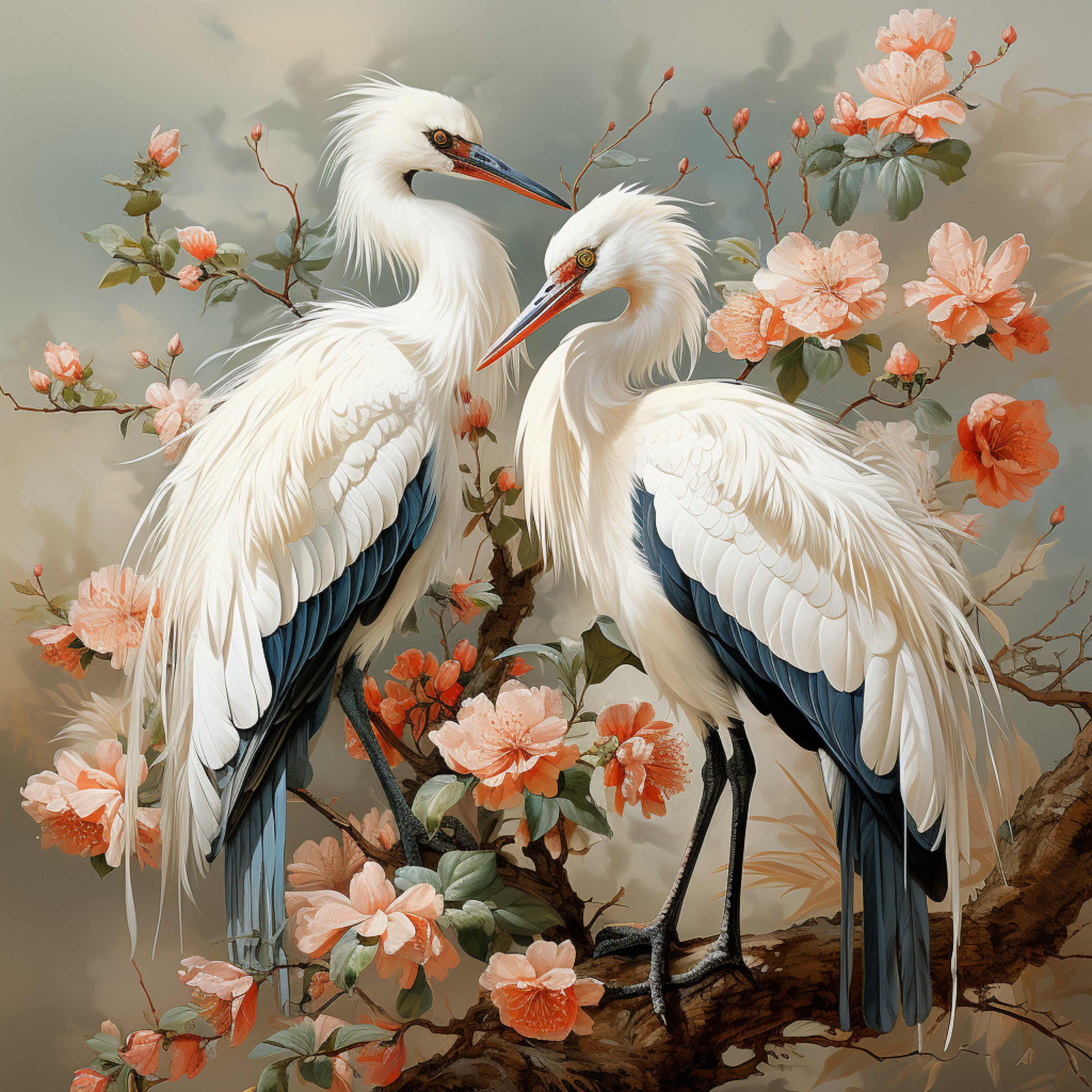 FOURTEEN Crane Digital Art Prints, Instant Download, Nature Inspired Wall Art, Exquisite Bird Painting, Blossom, Home Decor, Overthebed Art.