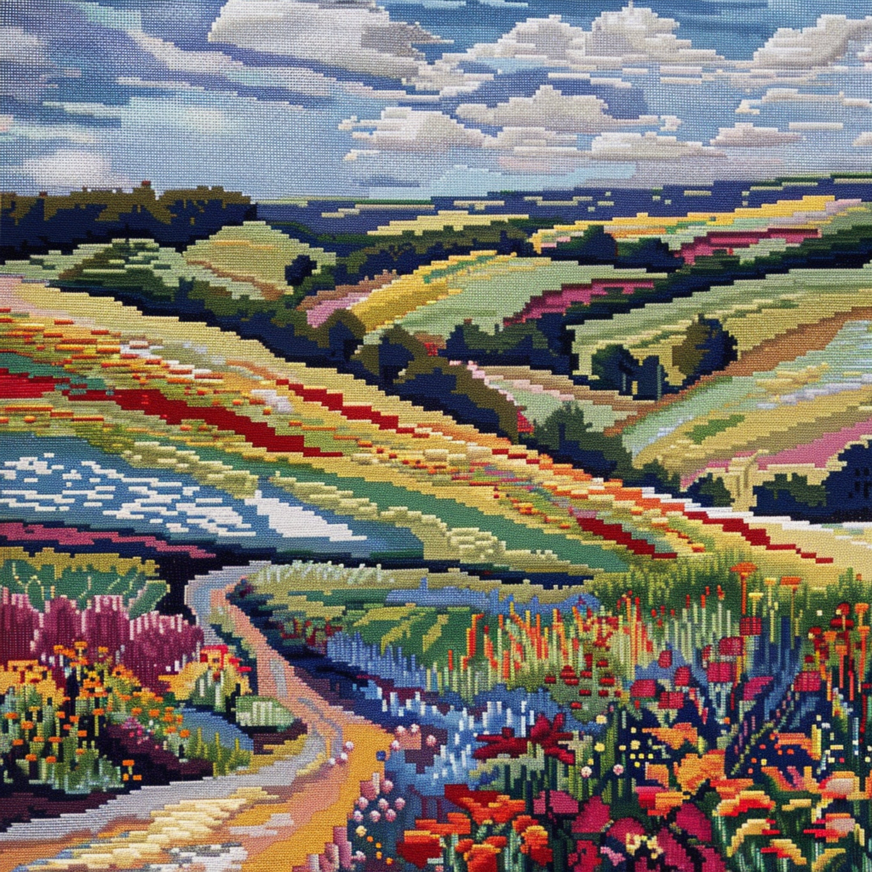 EIGHT Needlepoint Landscape Wall Art, Digital Print, Vibrant Nature Home Decor, Artistic Hillside Print, Unique Living Room Decoration