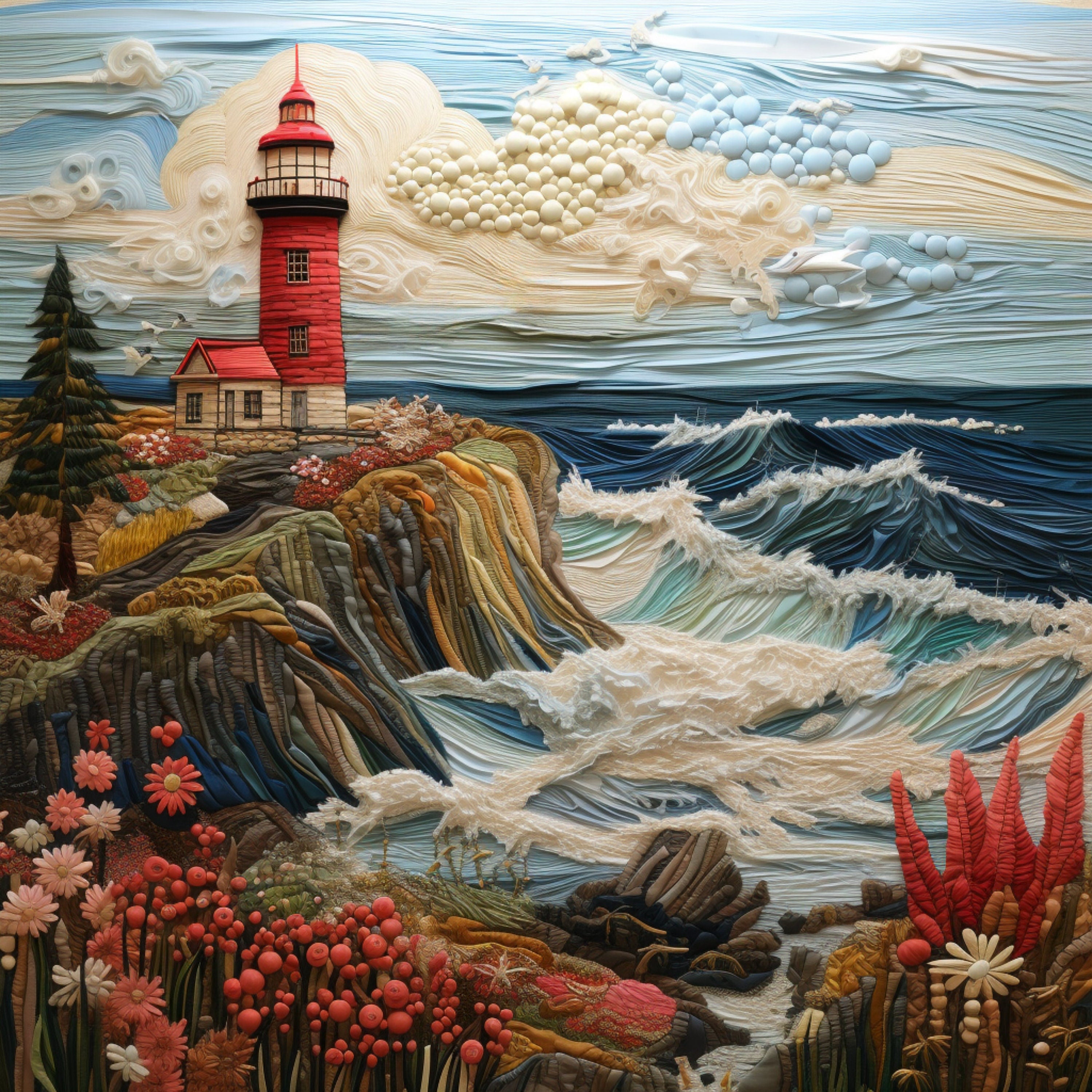 FOURTEEN Coastal Lighthouse Embroidery Art, Ocean Waves and Floral Wall Decor, Handmade Textile Artwork for Home, Digital Download Printable