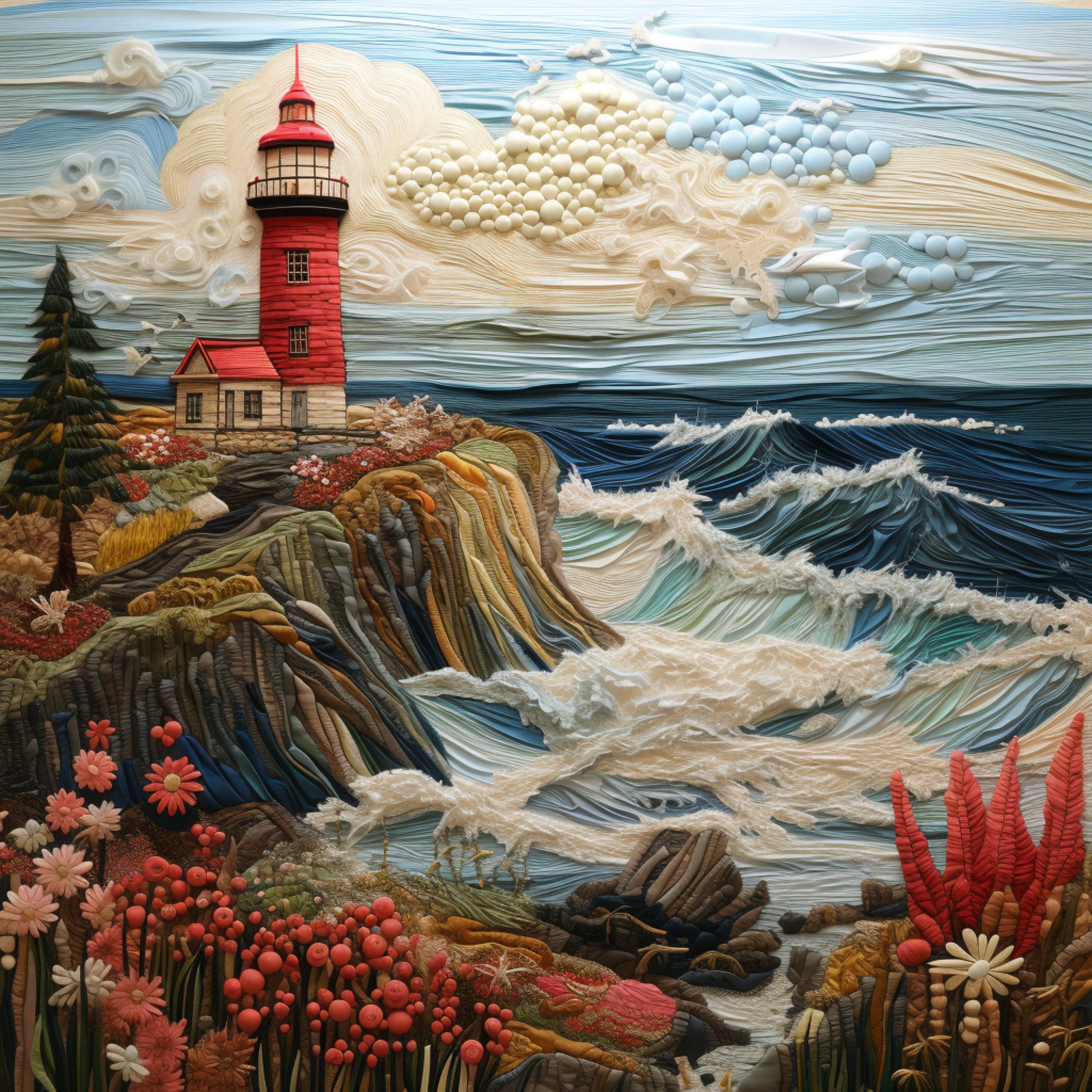 FOURTEEN Coastal Lighthouse Embroidery Art, Ocean Waves and Floral Wall Decor, Handmade Textile Artwork for Home, Digital Download Printable