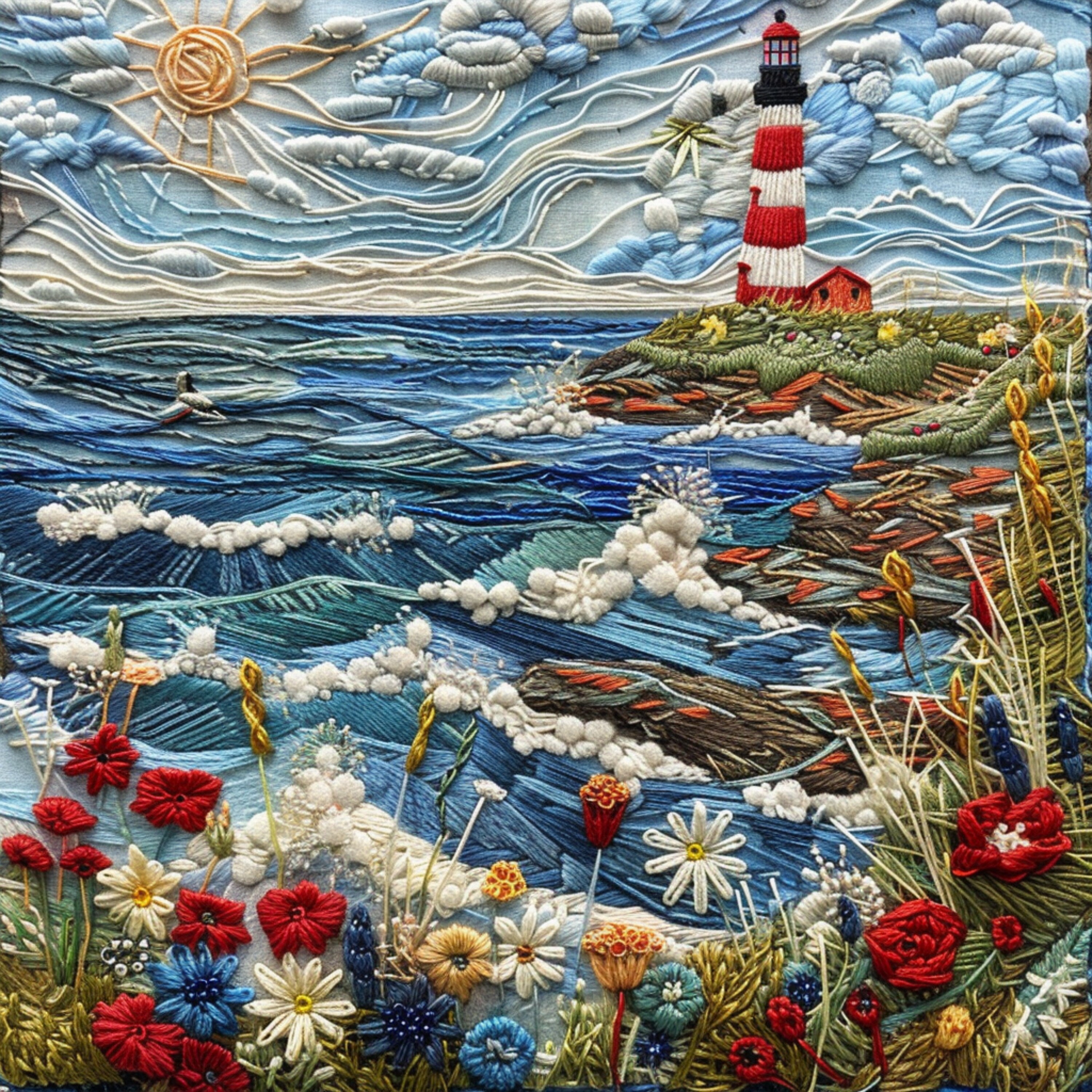 FOURTEEN Coastal Lighthouse Embroidery Art, Ocean Waves and Floral Wall Decor, Handmade Textile Artwork for Home, Digital Download Printable