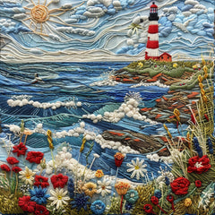 FOURTEEN Coastal Lighthouse Embroidery Art, Ocean Waves and Floral Wall Decor, Handmade Textile Artwork for Home, Digital Download Printable