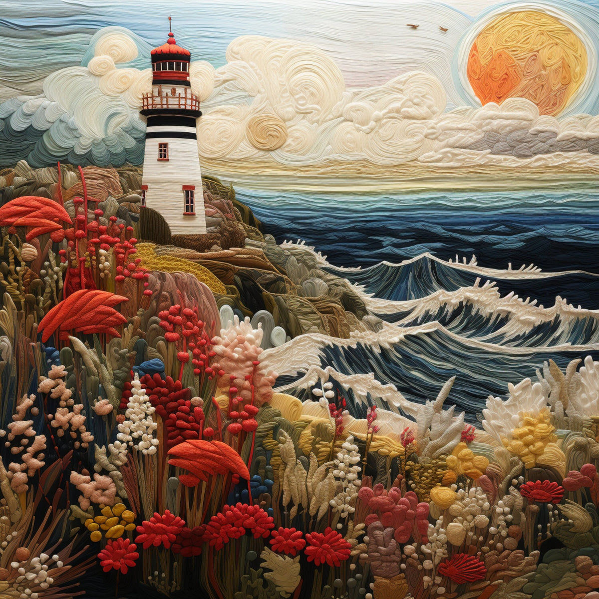 FOURTEEN Coastal Lighthouse Embroidery Art, Ocean Waves and Floral Wall Decor, Handmade Textile Artwork for Home, Digital Download Printable