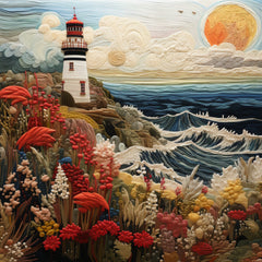 FOURTEEN Coastal Lighthouse Embroidery Art, Ocean Waves and Floral Wall Decor, Handmade Textile Artwork for Home, Digital Download Printable