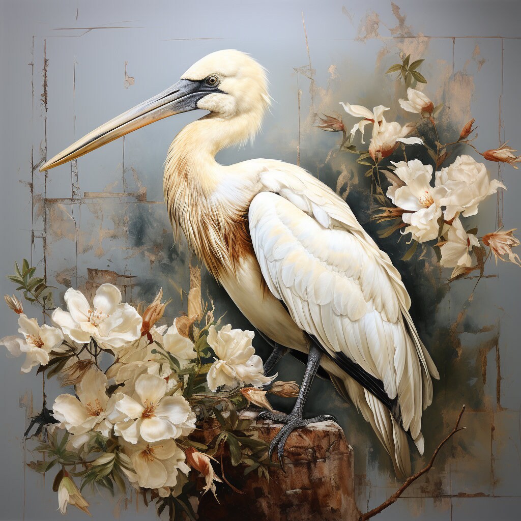 15 Pelican and White Roses Canvas Prints Elegant Bird Wall Art, Nature-Inspired Home Decor Set of Fifteen Canvases Gift Idea for Bird Lovers
