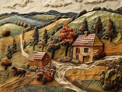 Rustic Farm Landscape Wall Art, Textured Nature Scene Home Decor, Unique Relief Mountains and Trees Artwork, Digital Download