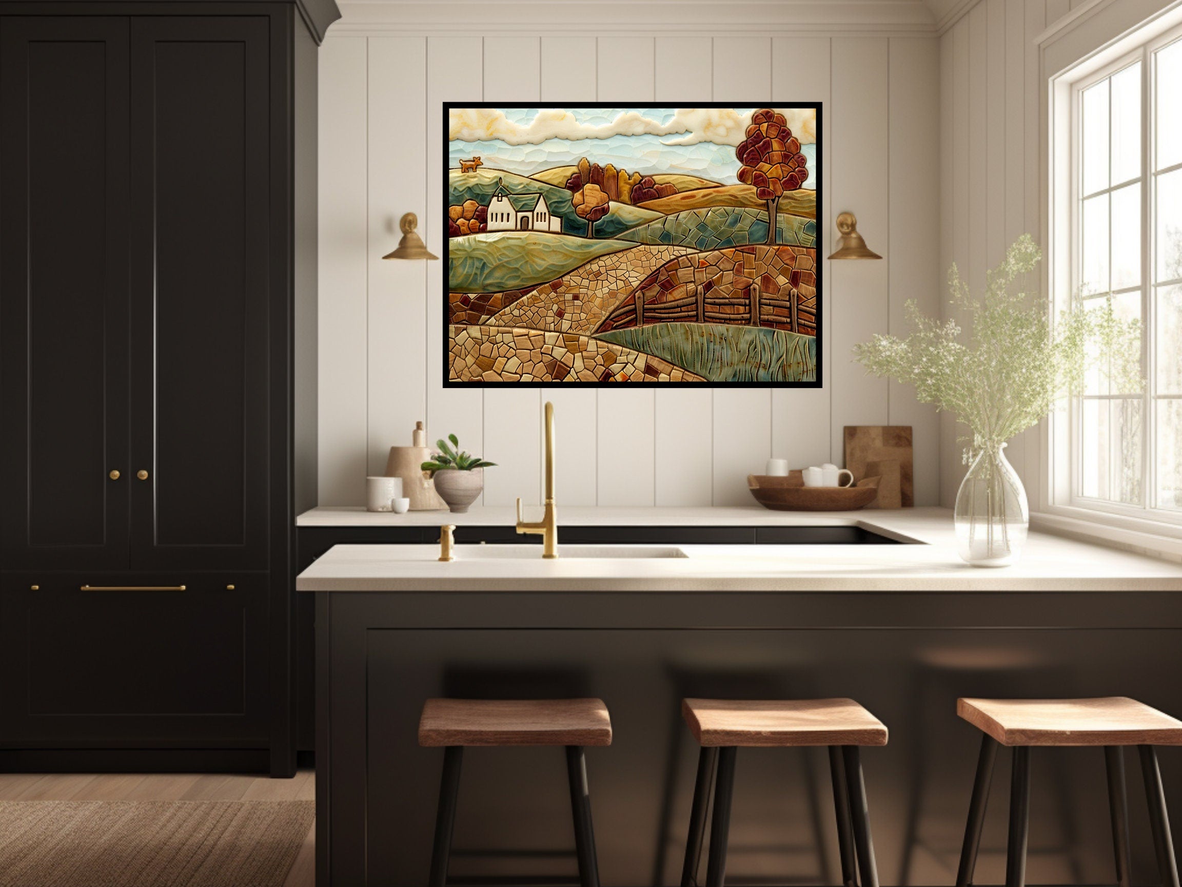 Rustic Farm Landscape Wall Art, Textured Nature Scene Home Decor, Unique Relief Mountains and Trees Artwork, Digital Download