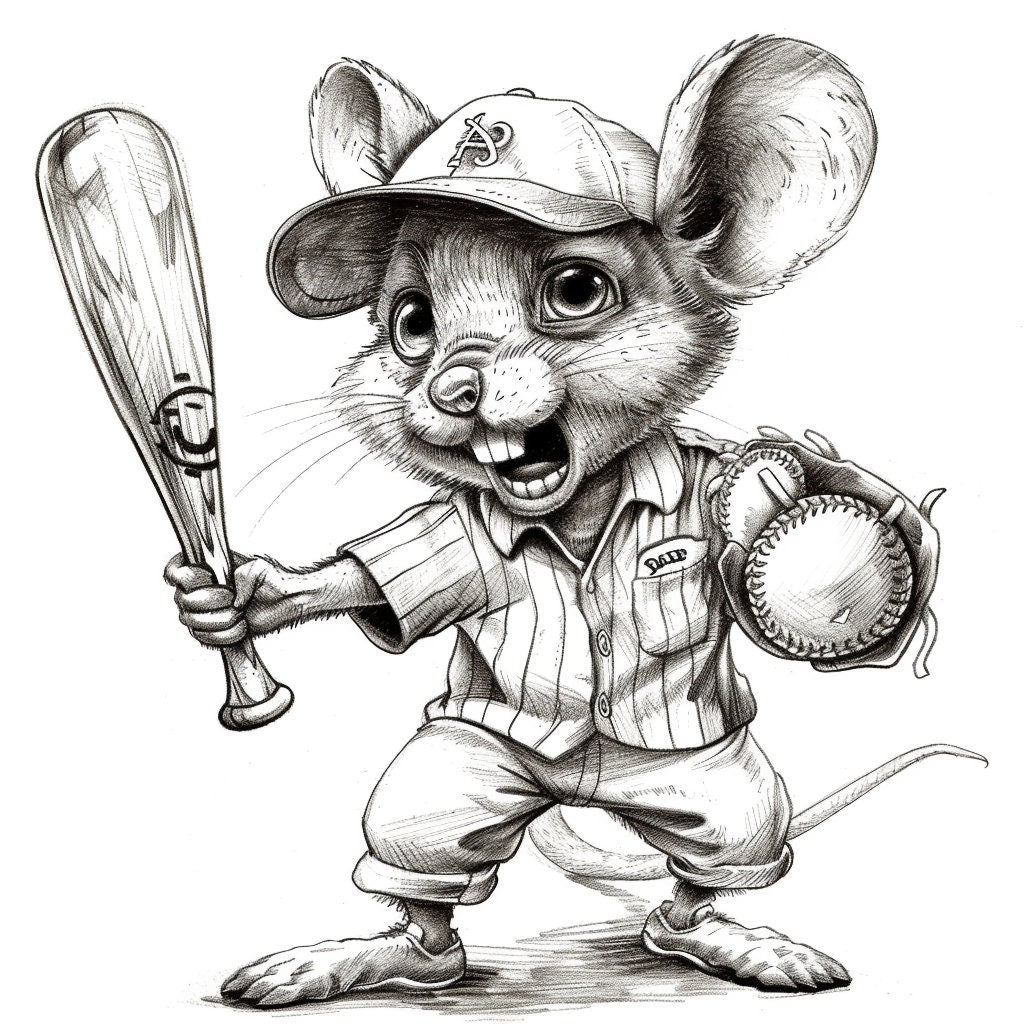 TWELVE Vintage Style Baseball Mouse Illustration, Black and White Sports Wall Art, Cute Animal Drawing, Retro Mice Sketches, Comical Rodent