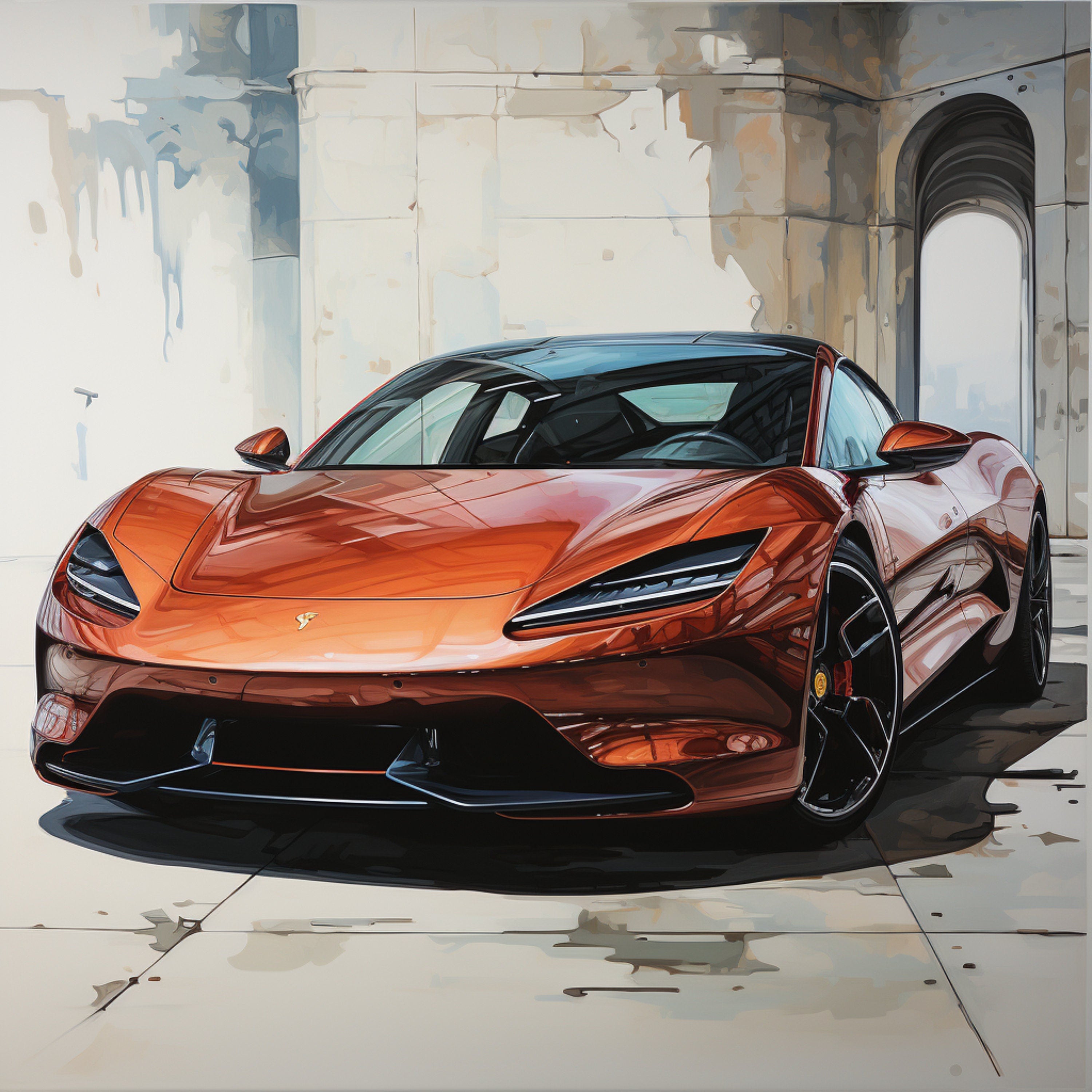 EIGHT Sports Car Canvas Art Digital Modern Abstract Ferrari Painting, Large Wall Decor Office Artwork Luxurious Automobile Print Red Vehicle