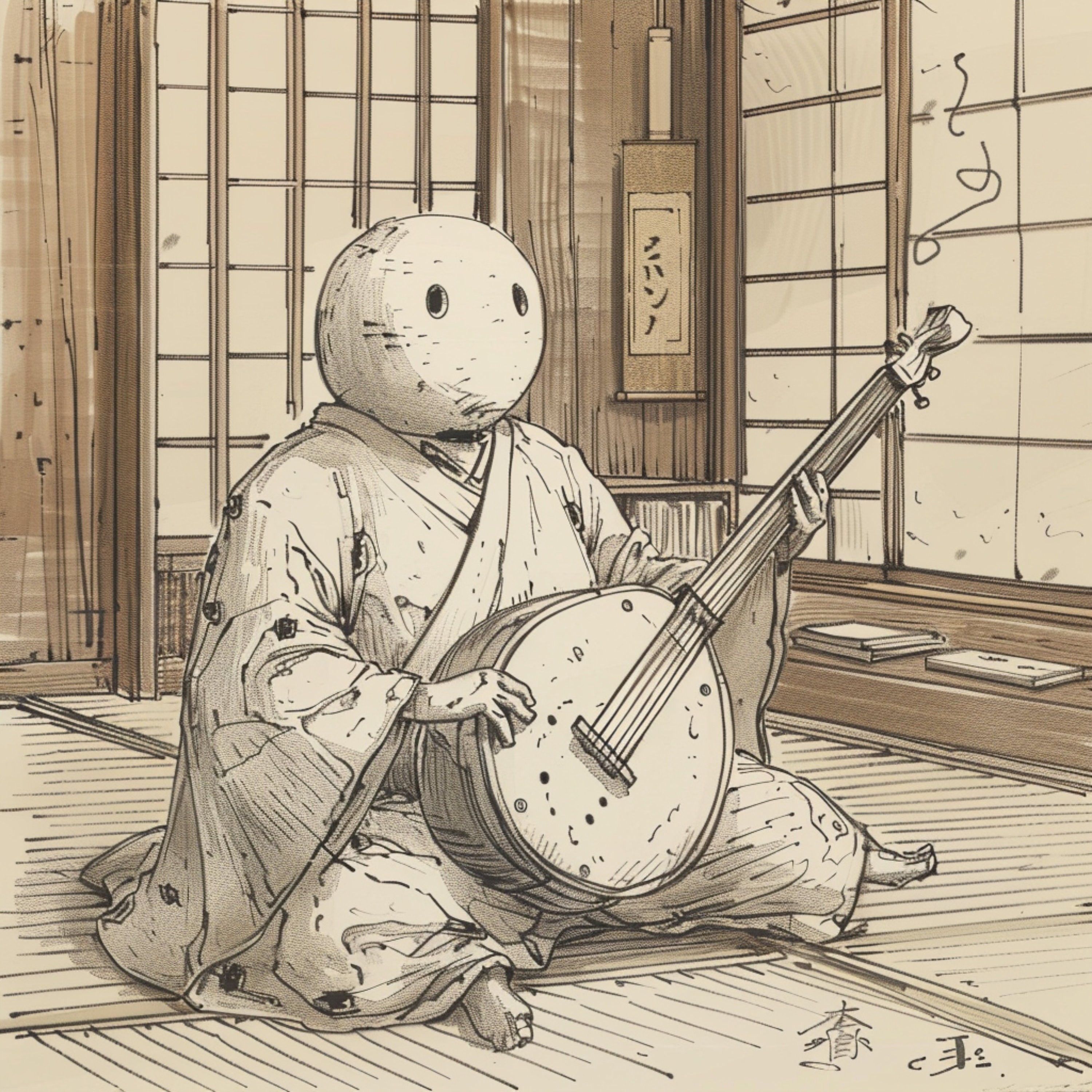SIX Traditional Japanese Musician Art, Digital Download, Moon Head Figure with Shamisen, Vintage Style Wall Art, Biwi-bokuboku Tsukumogami