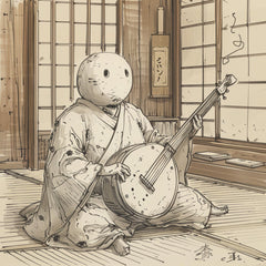 SIX Traditional Japanese Musician Art, Digital Download, Moon Head Figure with Shamisen, Vintage Style Wall Art, Biwi-bokuboku Tsukumogami