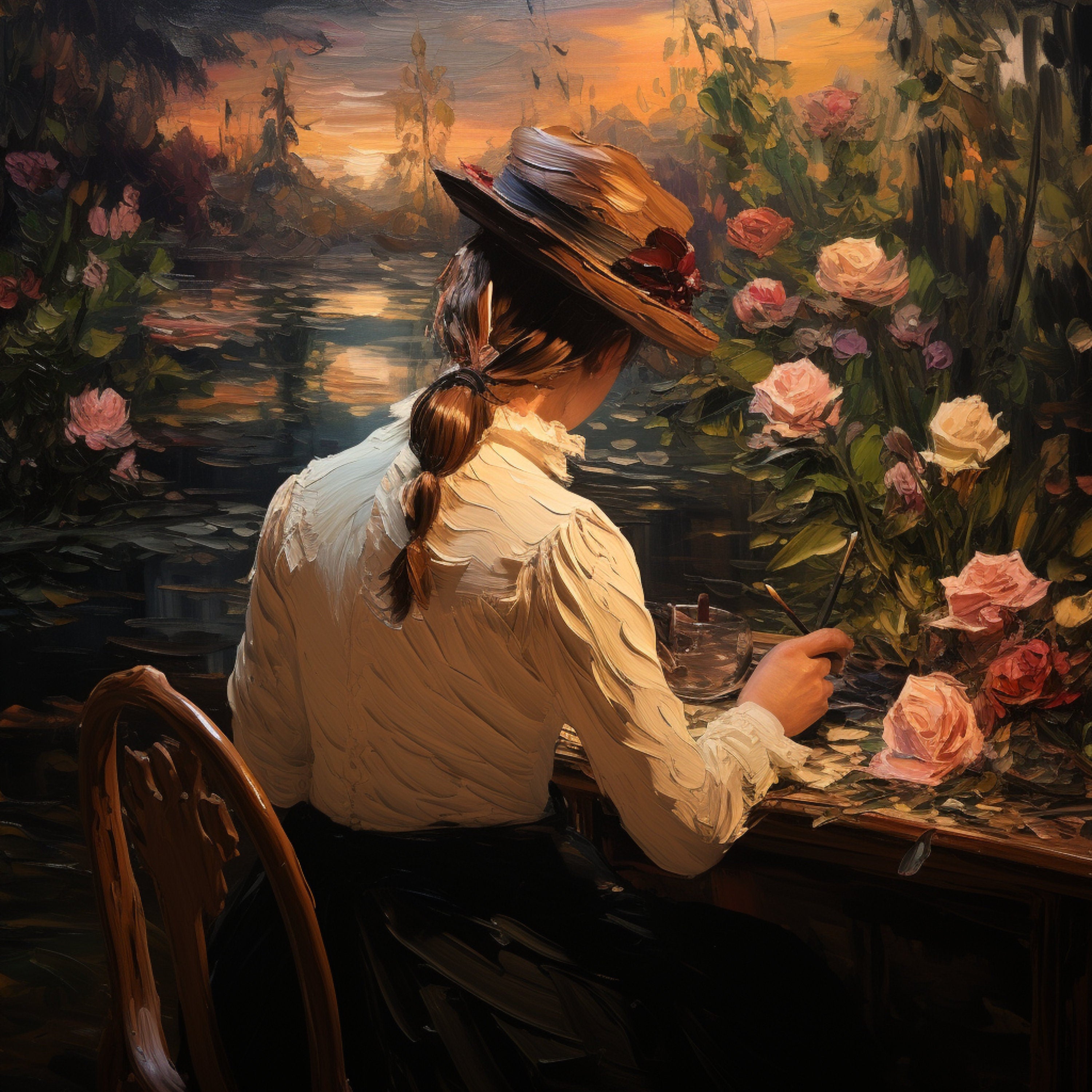 EIGHT Impressionist Lake Scene Painting, Digital Prints, Woman in Hat, Floral Waterfront Canvas Art Picturesque Evening Landscape Wall Decor