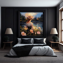 EIGHT Impressionist Lake Scene Painting, Digital Prints, Woman in Hat, Floral Waterfront Canvas Art Picturesque Evening Landscape Wall Decor