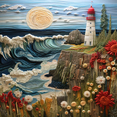 FOURTEEN Coastal Lighthouse Embroidery Art, Ocean Waves and Floral Wall Decor, Handmade Textile Artwork for Home, Digital Download Printable