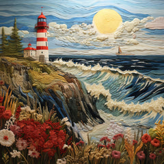 FOURTEEN Coastal Lighthouse Embroidery Art, Ocean Waves and Floral Wall Decor, Handmade Textile Artwork for Home, Digital Download Printable