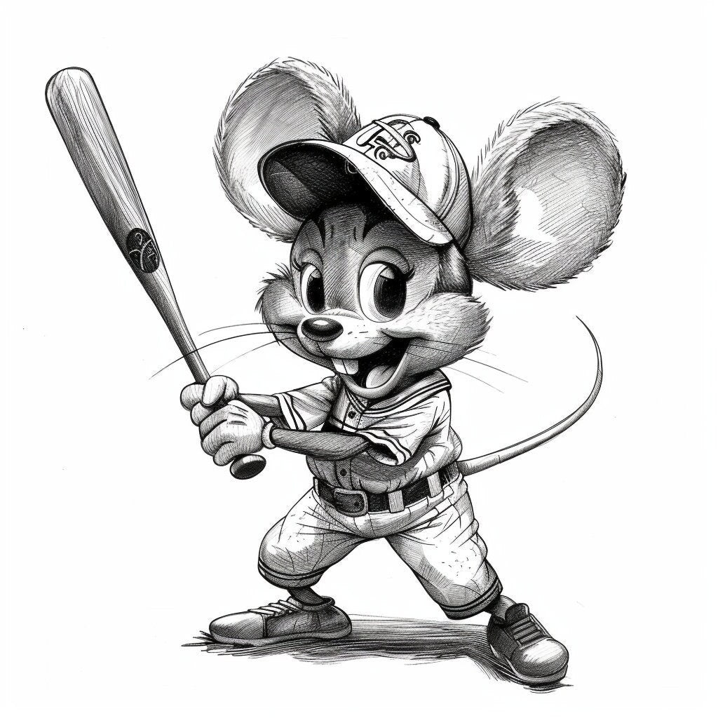 TWELVE Vintage Style Baseball Mouse Illustration, Black and White Sports Wall Art, Cute Animal Drawing, Retro Mice Sketches, Comical Rodent