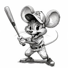 TWELVE Vintage Style Baseball Mouse Illustration, Black and White Sports Wall Art, Cute Animal Drawing, Retro Mice Sketches, Comical Rodent