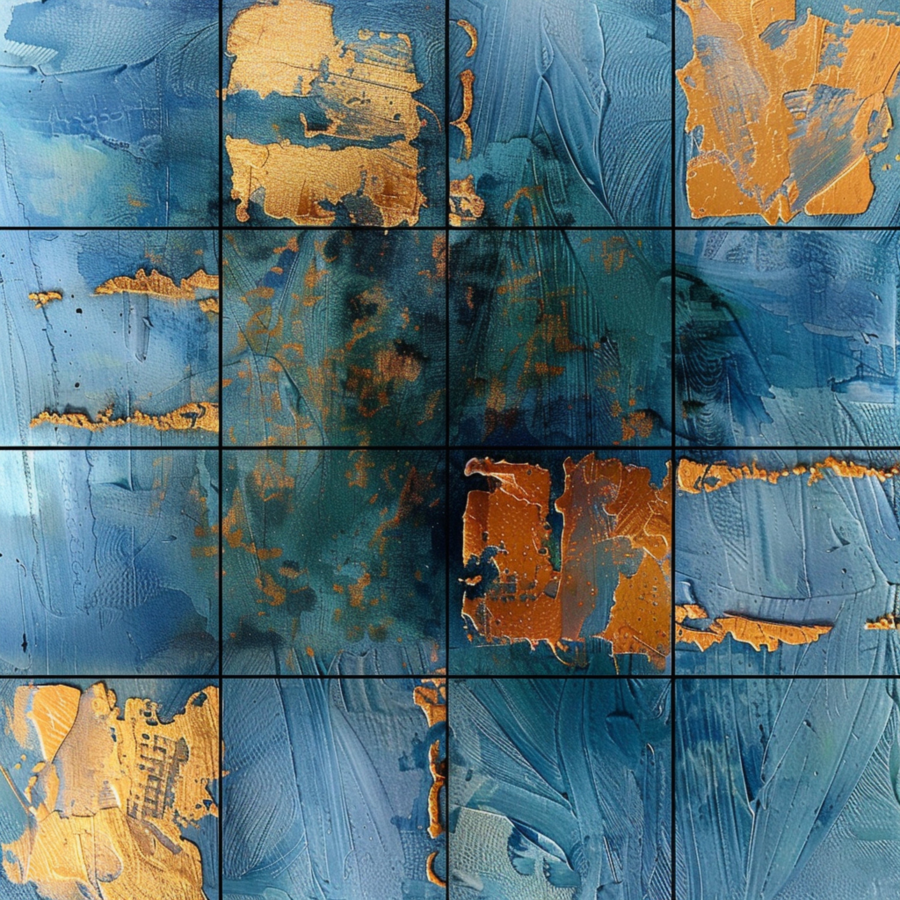 TWELVE Abstract Art Prints Set Modern Wall Decor, Blue Orange Mixed Media Artwork, 12 Piece Gallery Wall Set, Home Office Decor Cubist Style