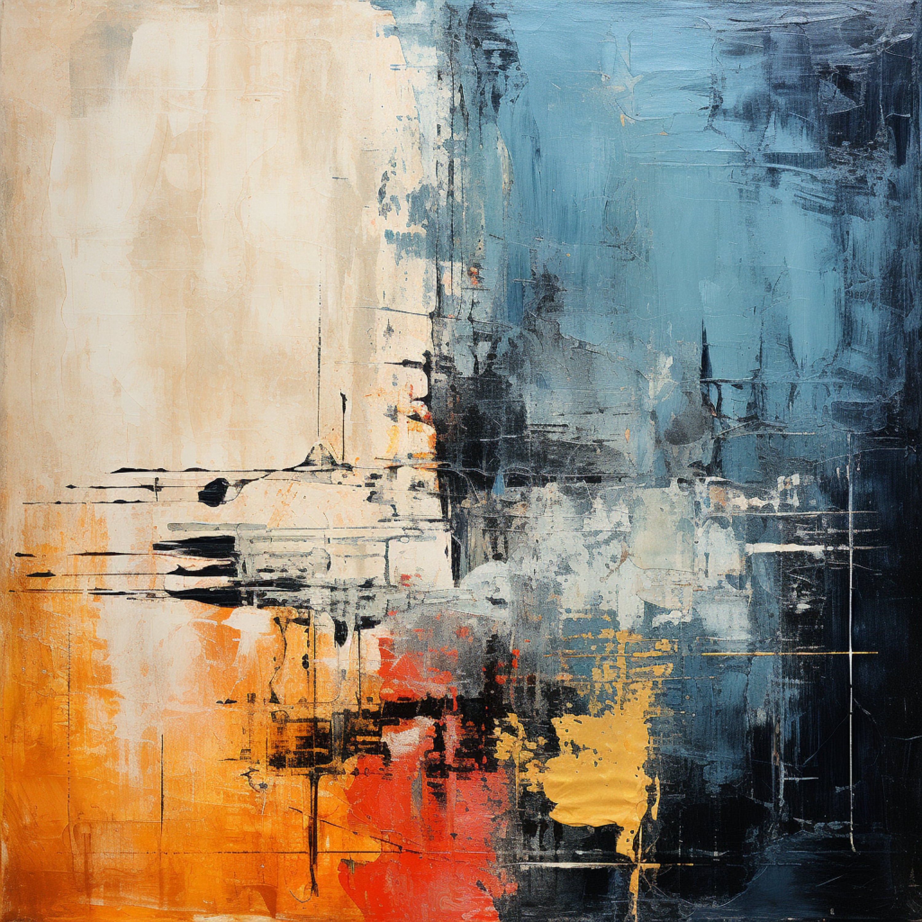 TWELVE Abstract Art Prints Set Modern Wall Decor, Blue Orange Mixed Media Artwork, 12 Piece Gallery Wall Set, Home Office Decor Cubist Style