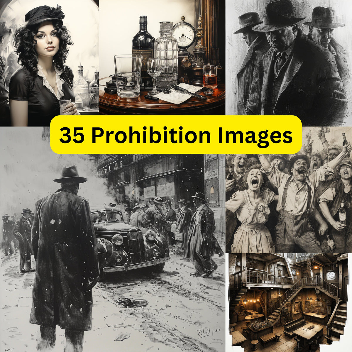 Vintage Style Prohibition Era Prints Set Of THIRTY FIVE Posters, Roaring 20s Decorative Wall Art Collection, Historical Nostalgia, Speakeasy