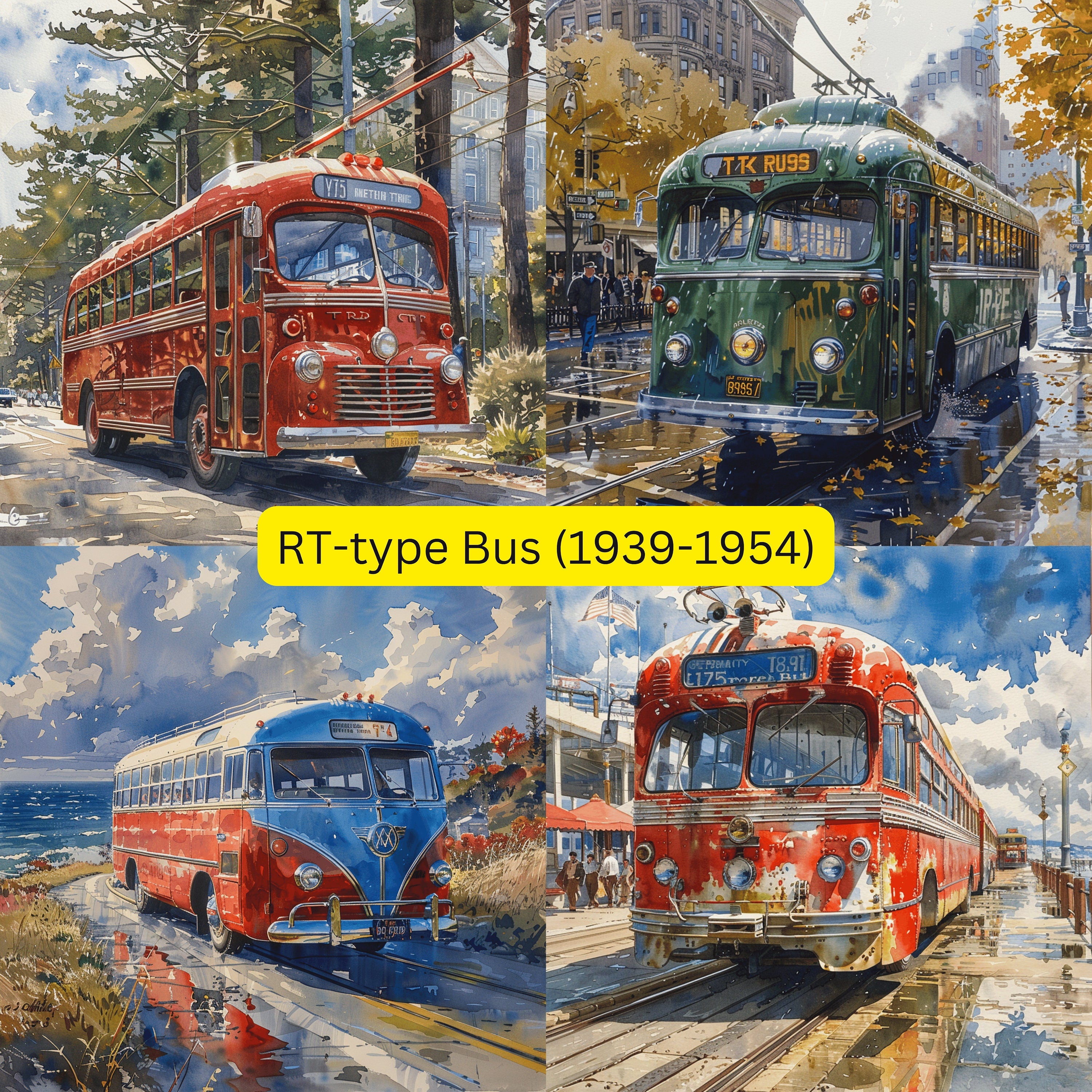 TWENTY Vintage Buses Digital Images, Historical Buses Across the Ages, Antique Buses Artwork Bundle, Retro Bus Illustrations, Set of 20