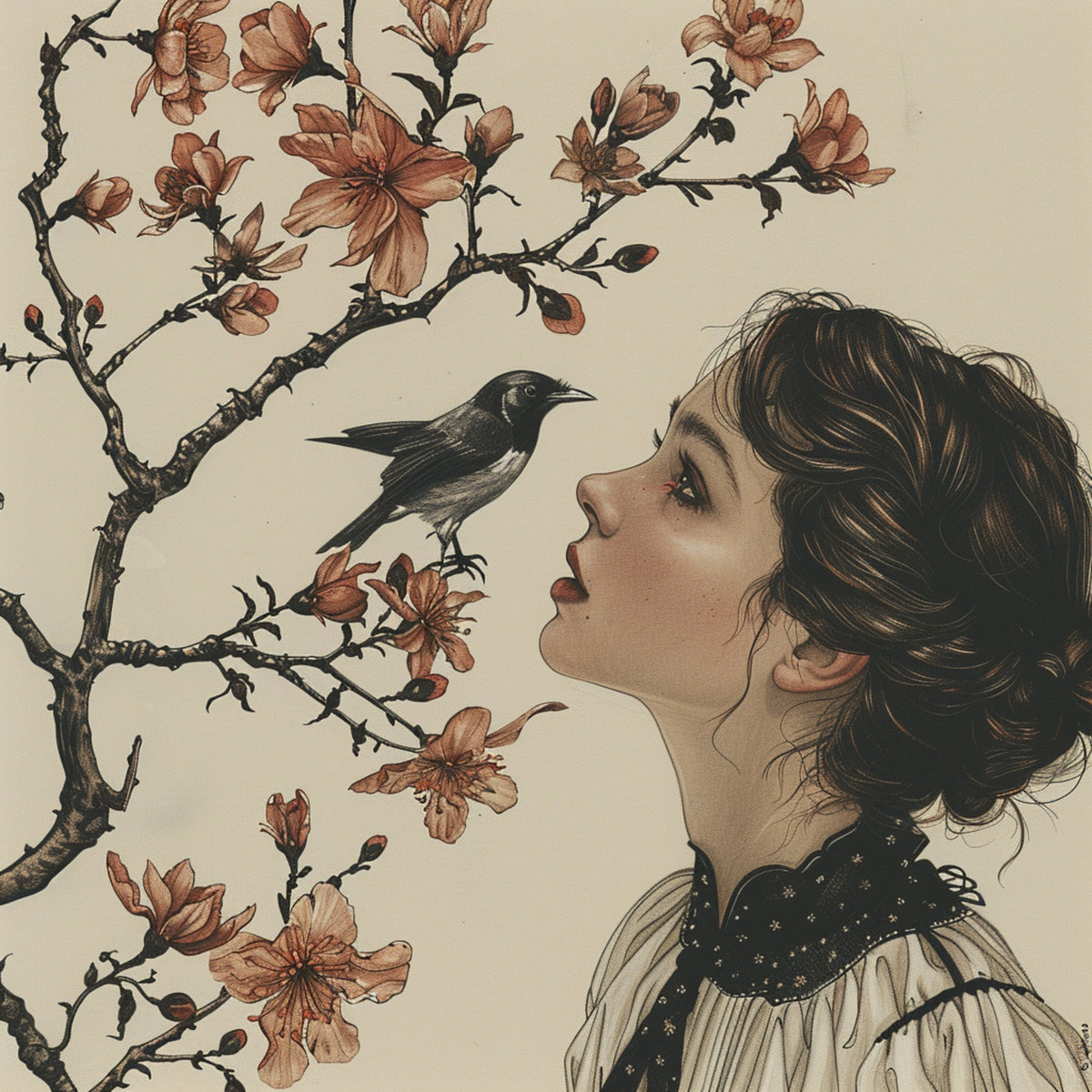 FOURTEEN Vintage Sepia Digital Images 14 Sepia Vintage Females Flowers Birds Nostalgic Art Prints, Antique Style Illustrations Large Artwork