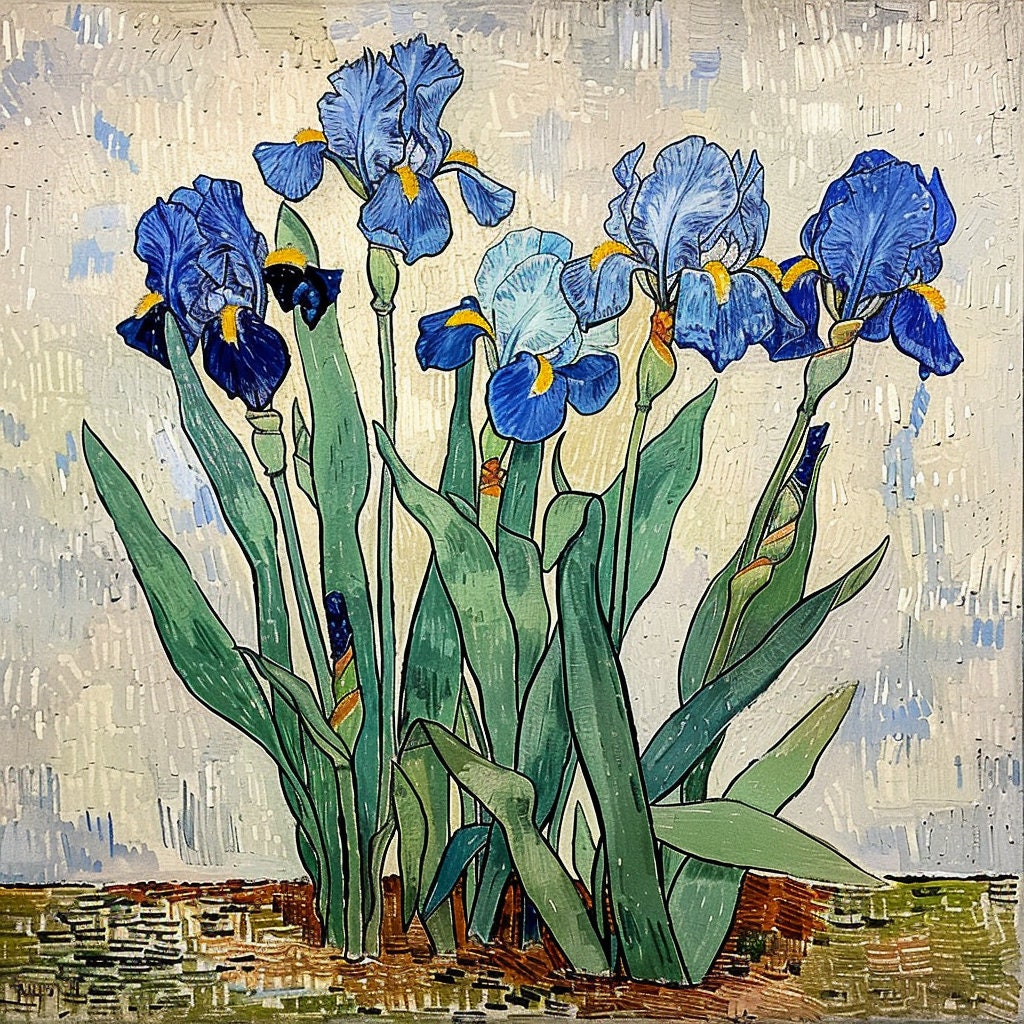TWELVE Blue Iris Flowers Digital Art, 12 Square Large Artwork Prints, Beautiful Floral Wall Decor, Irises Botanical Illustration
