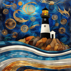 11 Digital Lighthouse Wall Art, Contemporary Coastal Decor, Large Poster Print, Square Beach Artwork, Modern Nautical Design, Sea Theme.