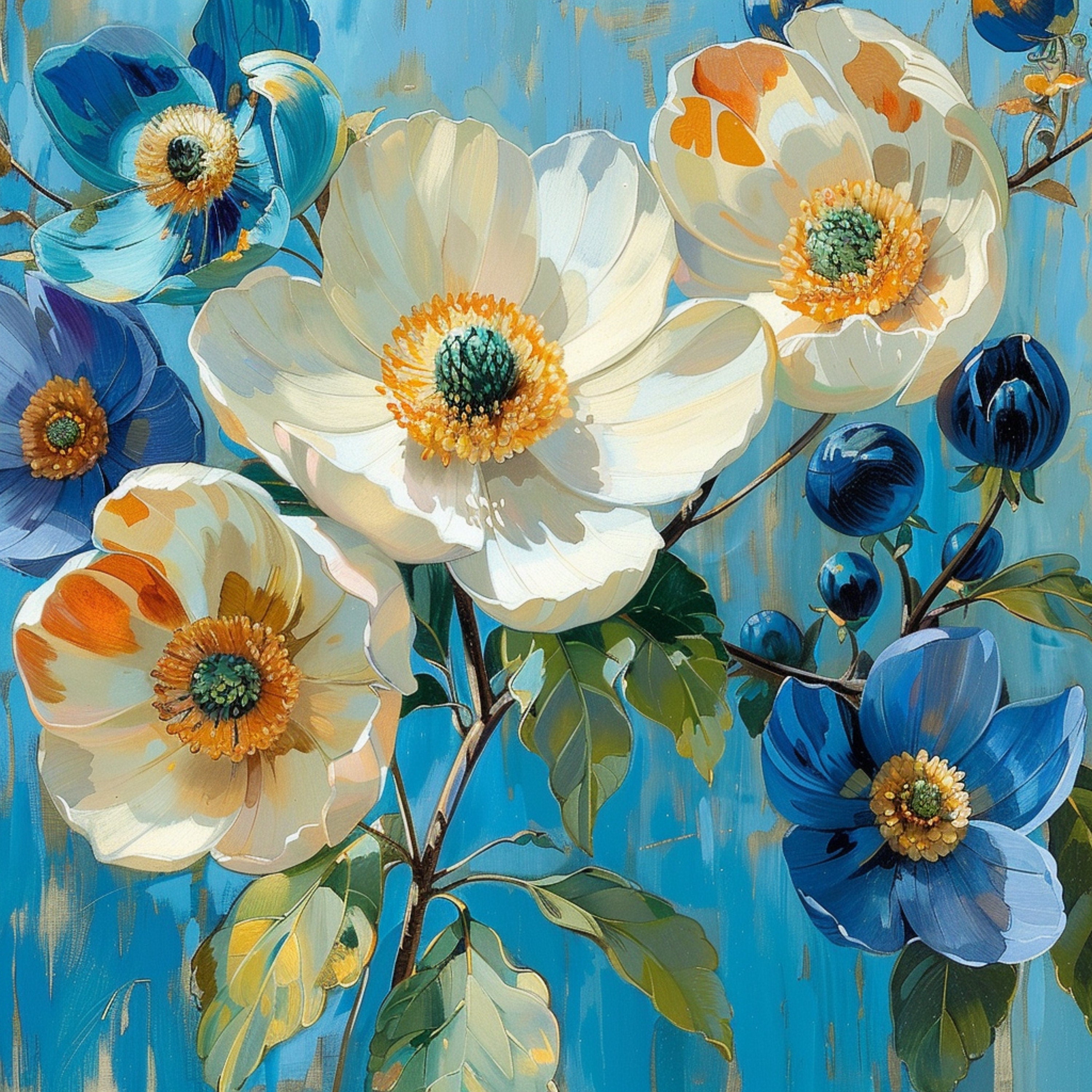 TWELVE Digital Flower Art Prints, Set of 12 Floral Images, Blue Flower Wall Art, Large Digital Art, Home Decor, Modern Floral Prints, Boho.