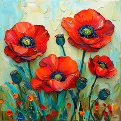 TWELVE Poppies Wall Art, Contemporary Acrylic, Large Artwork Digital Download, Vibrant Floral Decor, Abstract Poppy Painting Print.