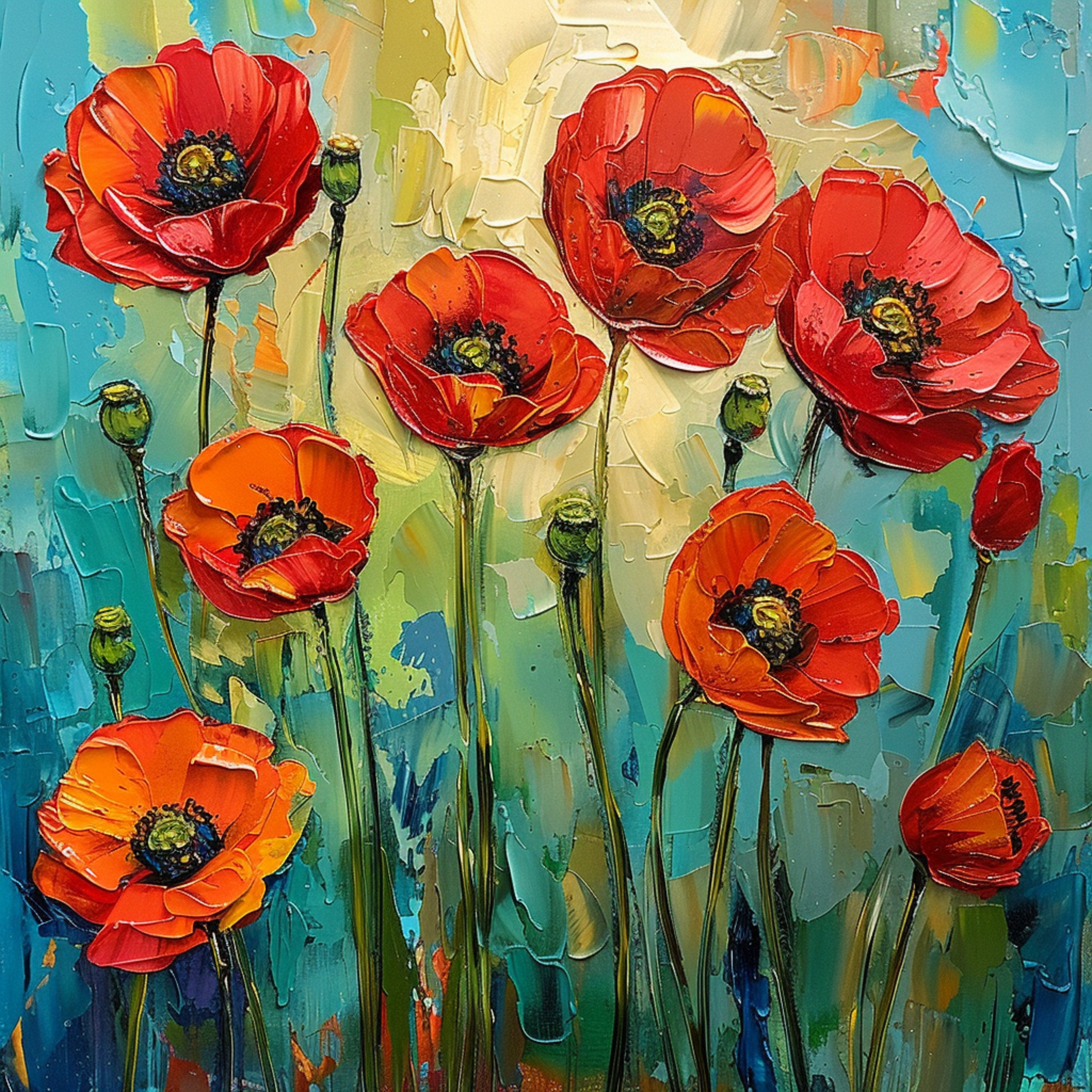 TWELVE Poppies Wall Art, Contemporary Acrylic, Large Artwork Digital Download, Vibrant Floral Decor, Abstract Poppy Painting Print.