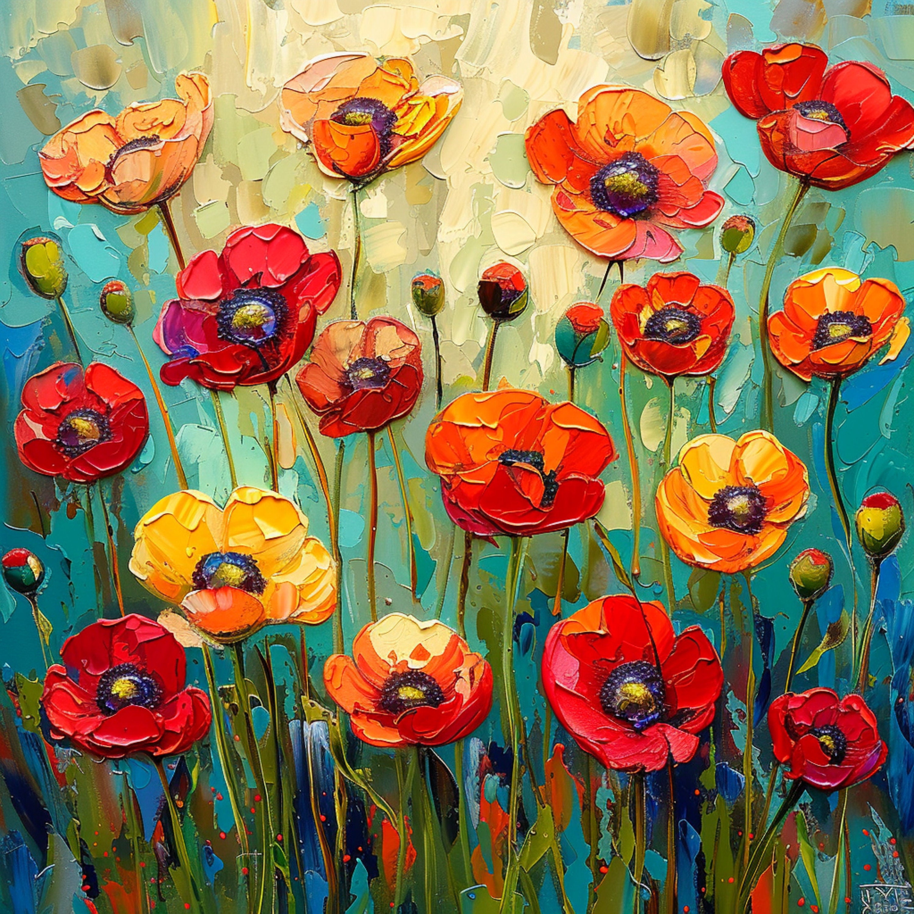 TWELVE Poppies Wall Art, Contemporary Acrylic, Large Artwork Digital Download, Vibrant Floral Decor, Abstract Poppy Painting Print.