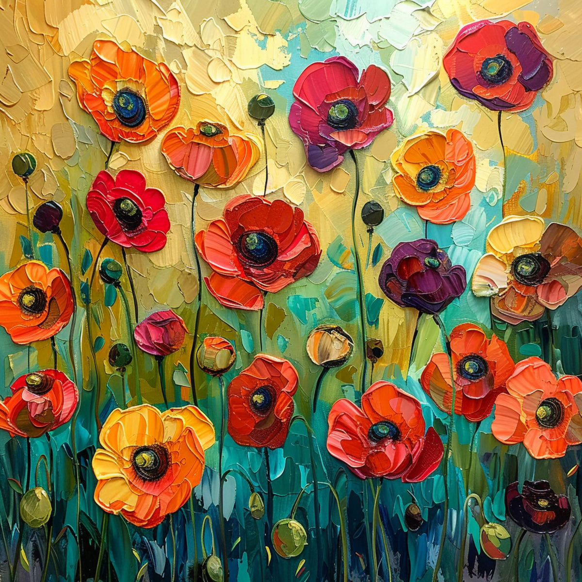 TWELVE Poppies Wall Art, Contemporary Acrylic, Large Artwork Digital Download, Vibrant Floral Decor, Abstract Poppy Painting Print.
