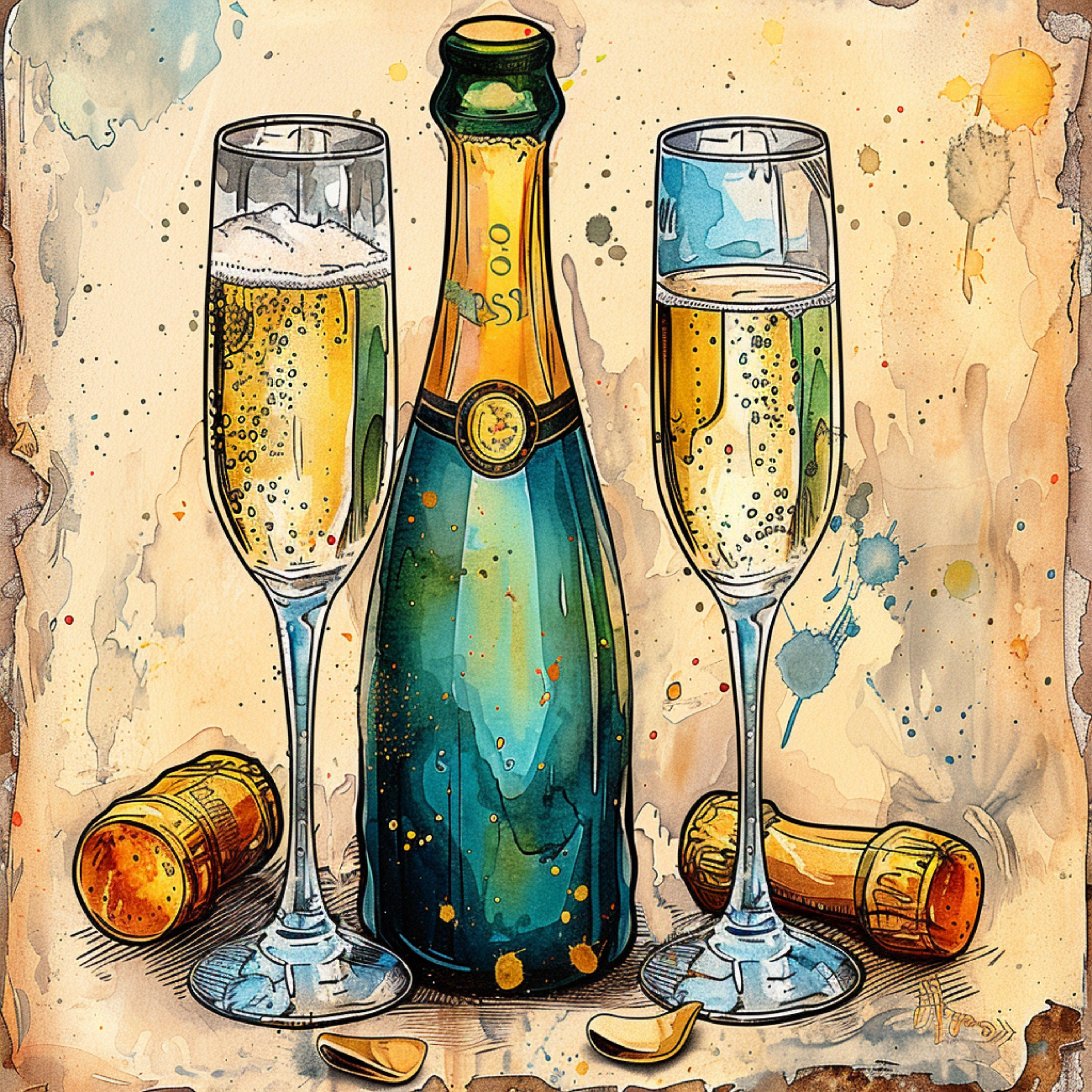 10 Boho Celebration Champagne Toast Digital Images, Large Artwork Poster, Wall Art Decor, Modern Bohemian Style, Instant Download, Poster - TheBestTherapyIsArt