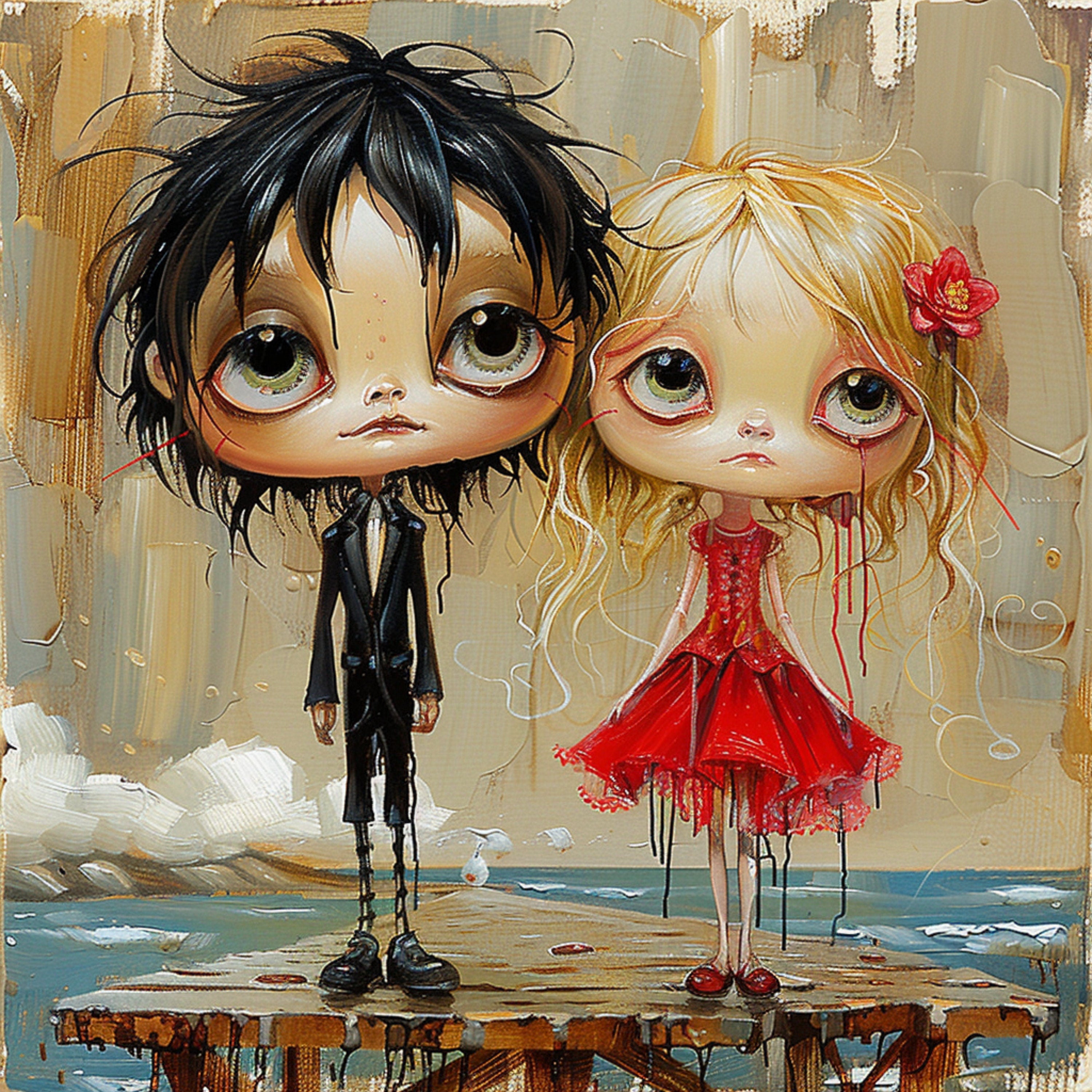 12 Cute Young Couple Cartoon Caricatures, Seaside Scene Digital Images, Adorable 12 Art Prints, Unique Wall Decor for Home, Poster.
