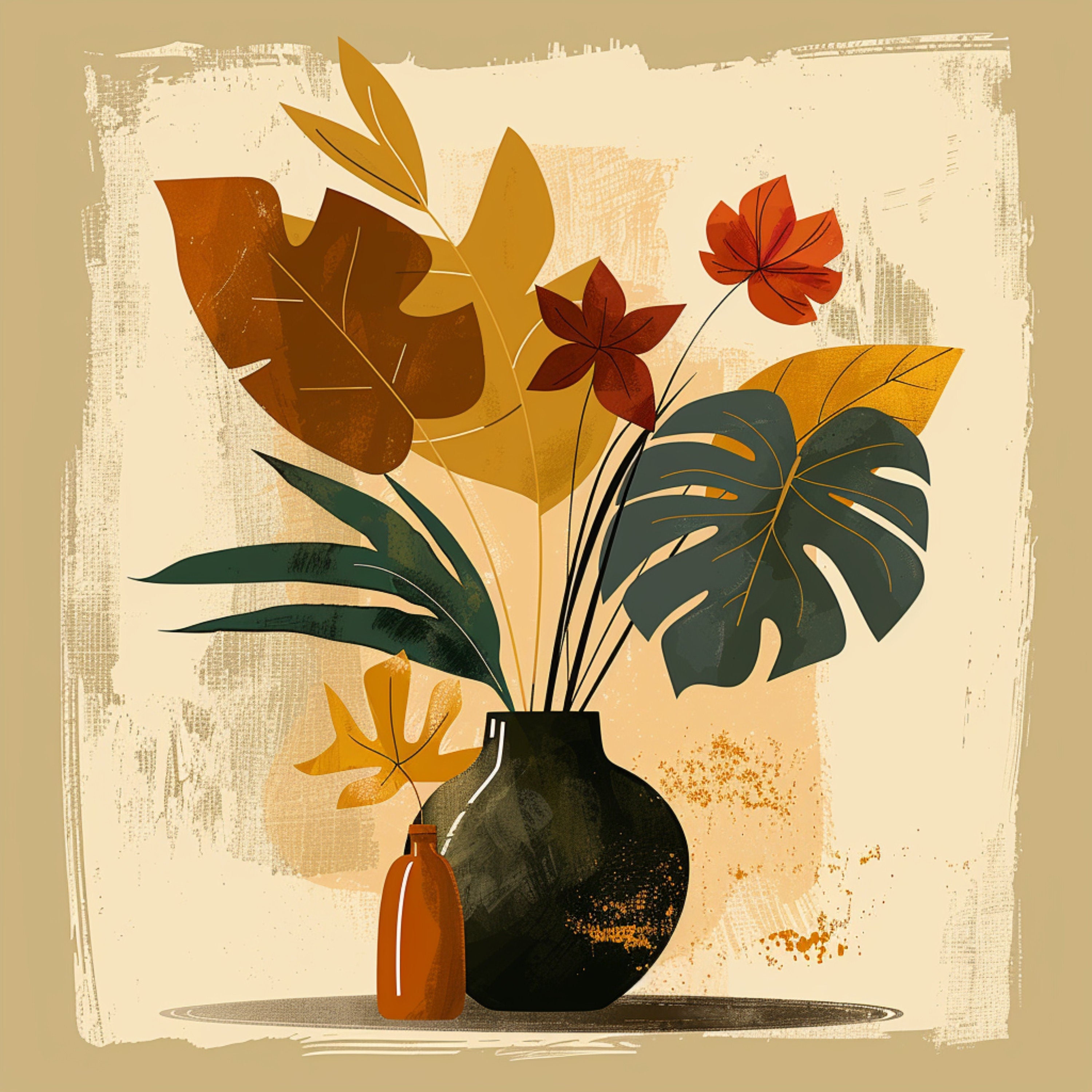 8 Contemporary Leaf Art Print Set, Modern Monstera Leaves in Vase, Digital Wall Art, Set of 8 Prints, Botanical Decor, Minimalist Art, Large