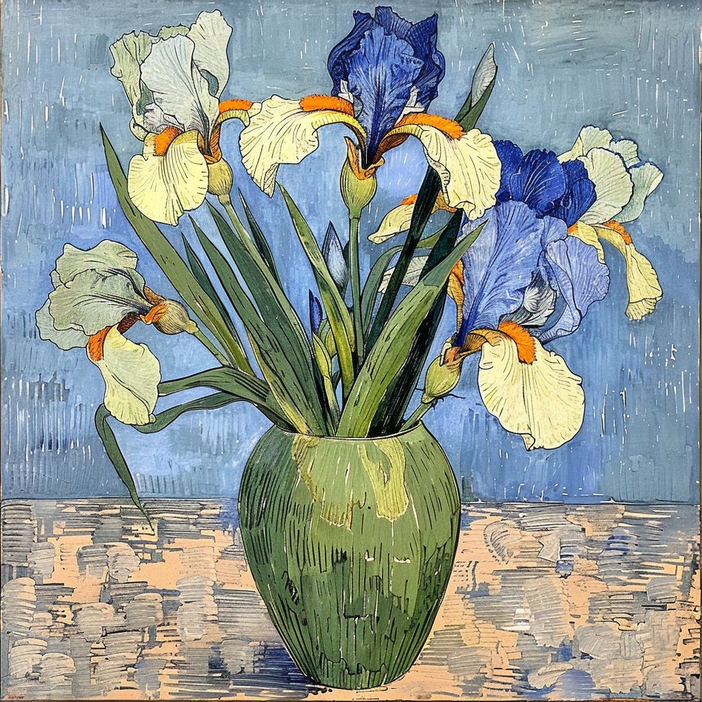 TWELVE Blue Iris Flowers Digital Art, 12 Square Large Artwork Prints, Beautiful Floral Wall Decor, Irises Botanical Illustration