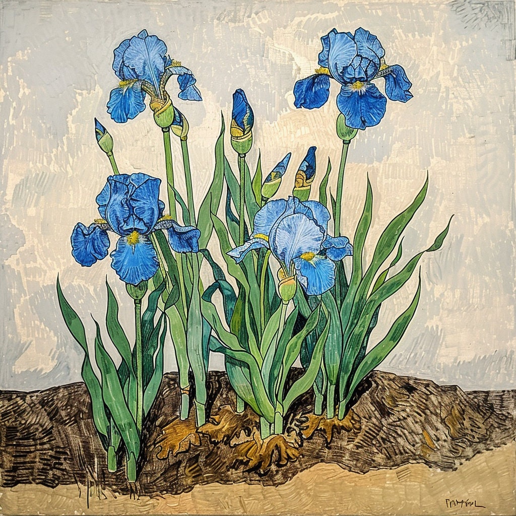 TWELVE Blue Iris Flowers Digital Art, 12 Square Large Artwork Prints, Beautiful Floral Wall Decor, Irises Botanical Illustration