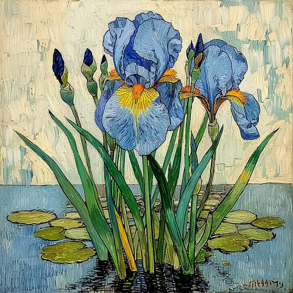 TWELVE Blue Iris Flowers Digital Art, 12 Square Large Artwork Prints, Beautiful Floral Wall Decor, Irises Botanical Illustration