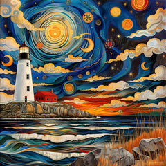 11 Digital Lighthouse Wall Art, Contemporary Coastal Decor, Large Poster Print, Square Beach Artwork, Modern Nautical Design, Sea Theme.