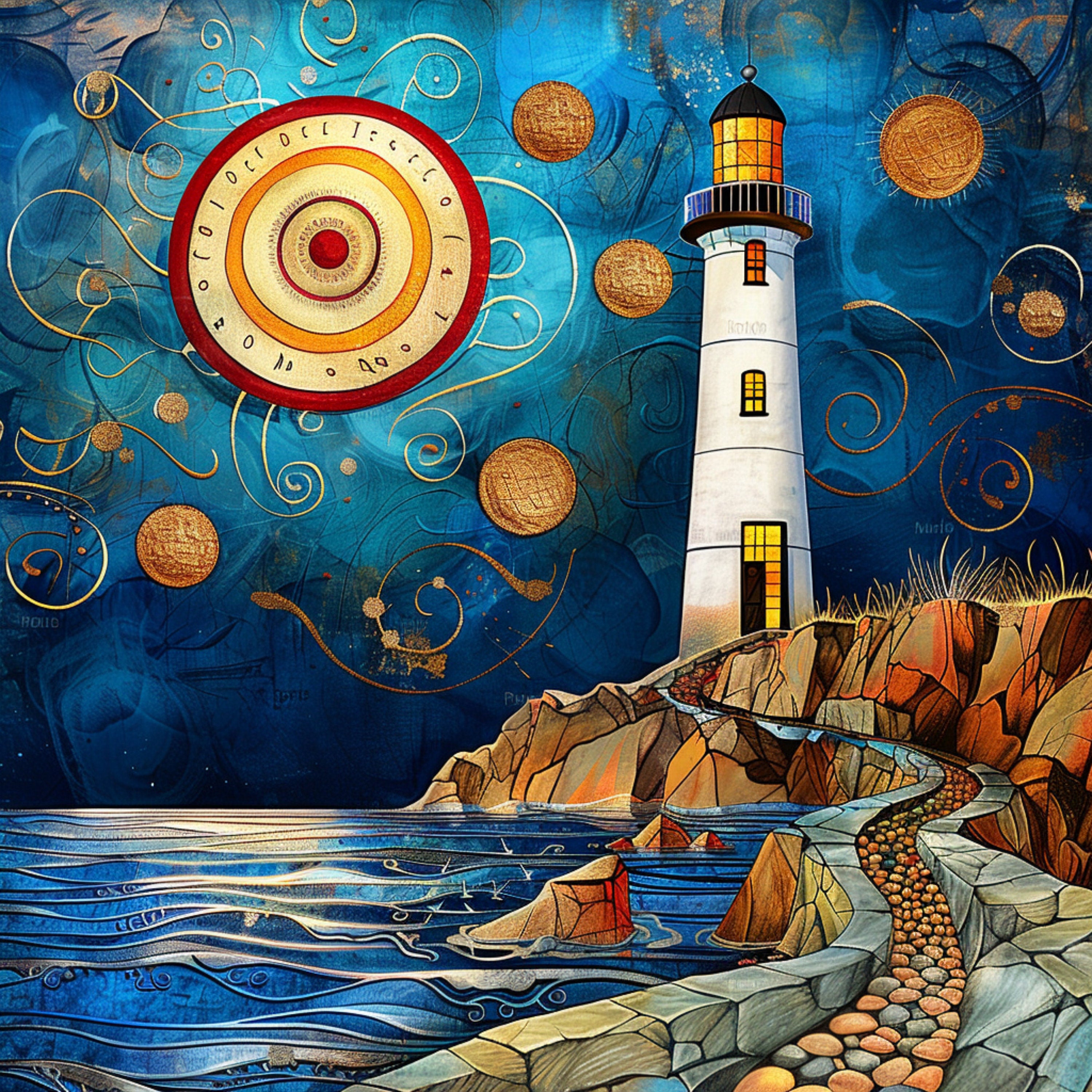11 Digital Lighthouse Wall Art, Contemporary Coastal Decor, Large Poster Print, Square Beach Artwork, Modern Nautical Design, Sea Theme.