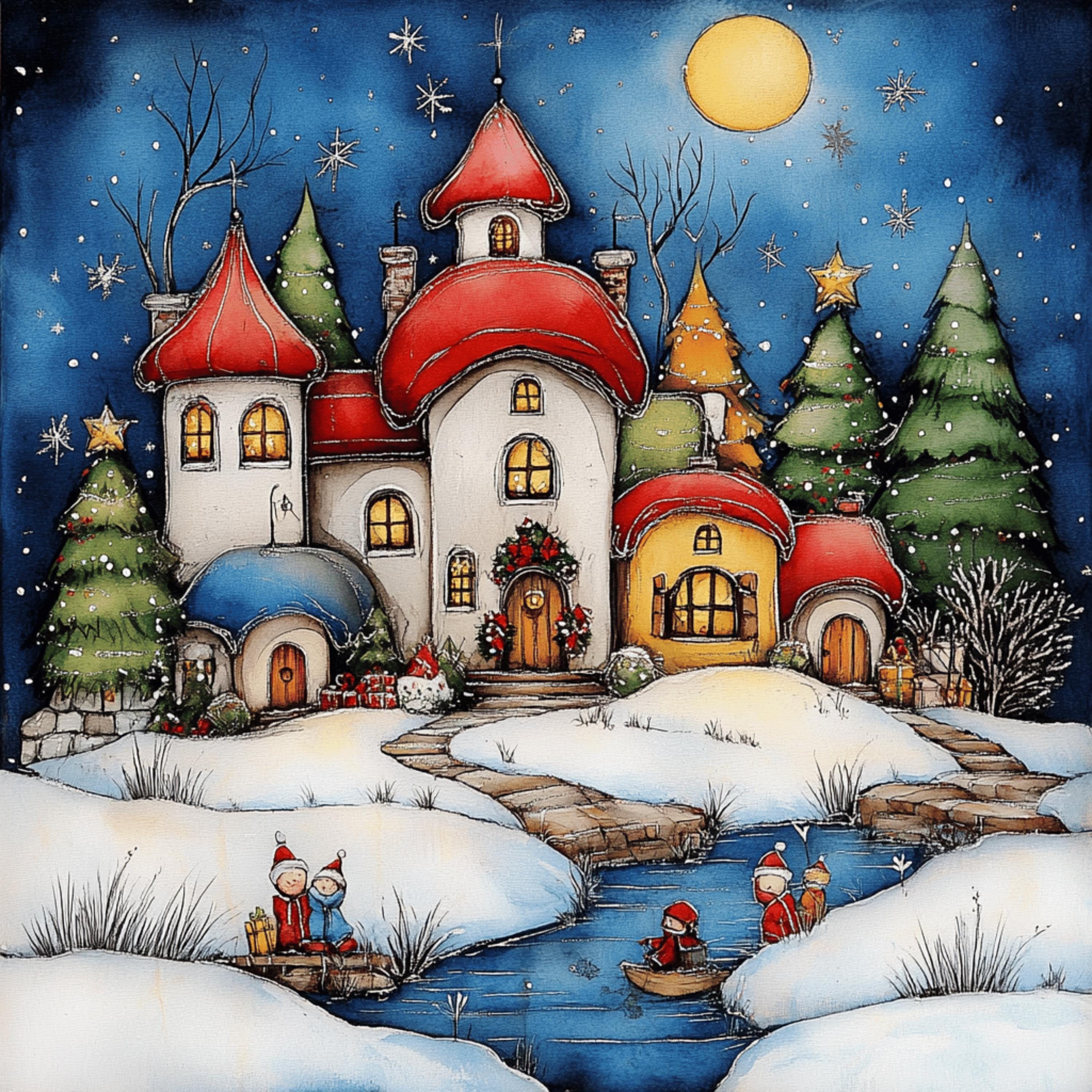 Christmas Digital Art Set Of EIGHT Winter Wonderland, Snowy Village Scenes, Holiday Wall Decor Nursery Art, Festive Kids Room, Square Prints