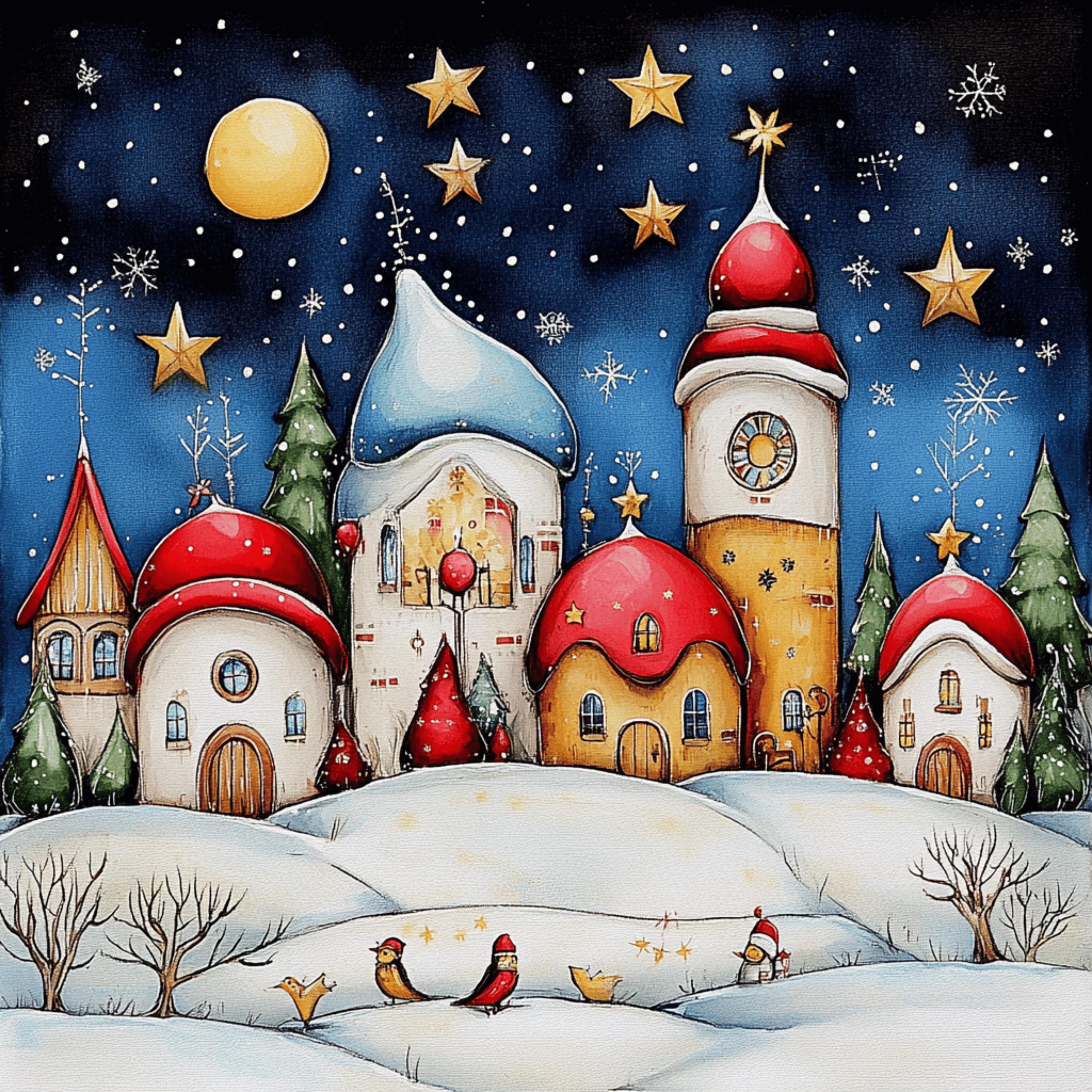 Christmas Digital Art Set Of EIGHT Winter Wonderland, Snowy Village Scenes, Holiday Wall Decor Nursery Art, Festive Kids Room, Square Prints
