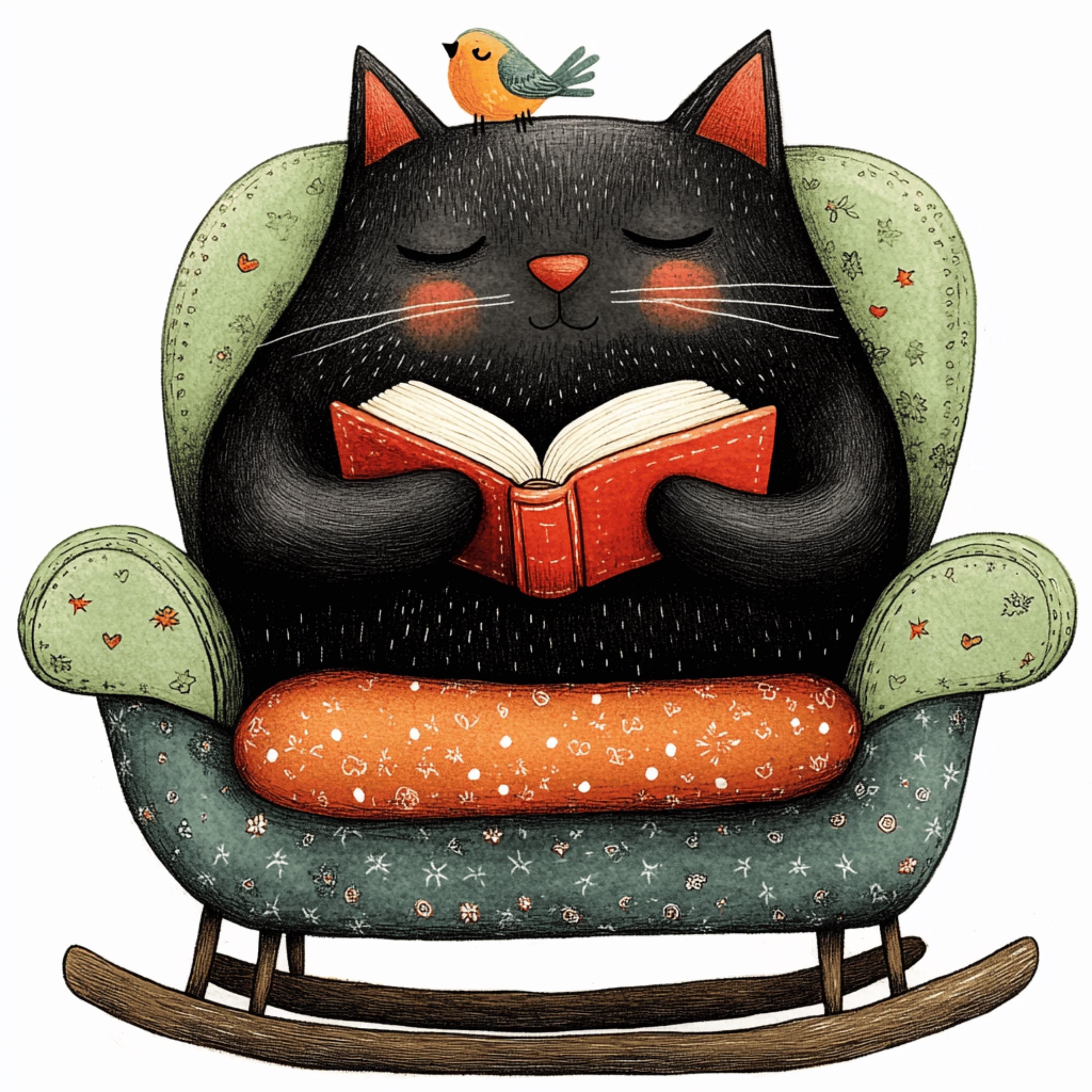 12 Cat and Bird Reading Book Artwork, Kids Room Decor, Nursery Wall Art, Playroom Decor, Large Square Art Print, Cute Animal Picture