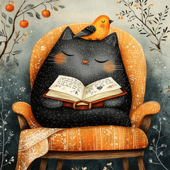 12 Cat and Bird Reading Book Artwork, Kids Room Decor, Nursery Wall Art, Playroom Decor, Large Square Art Print, Cute Animal Picture