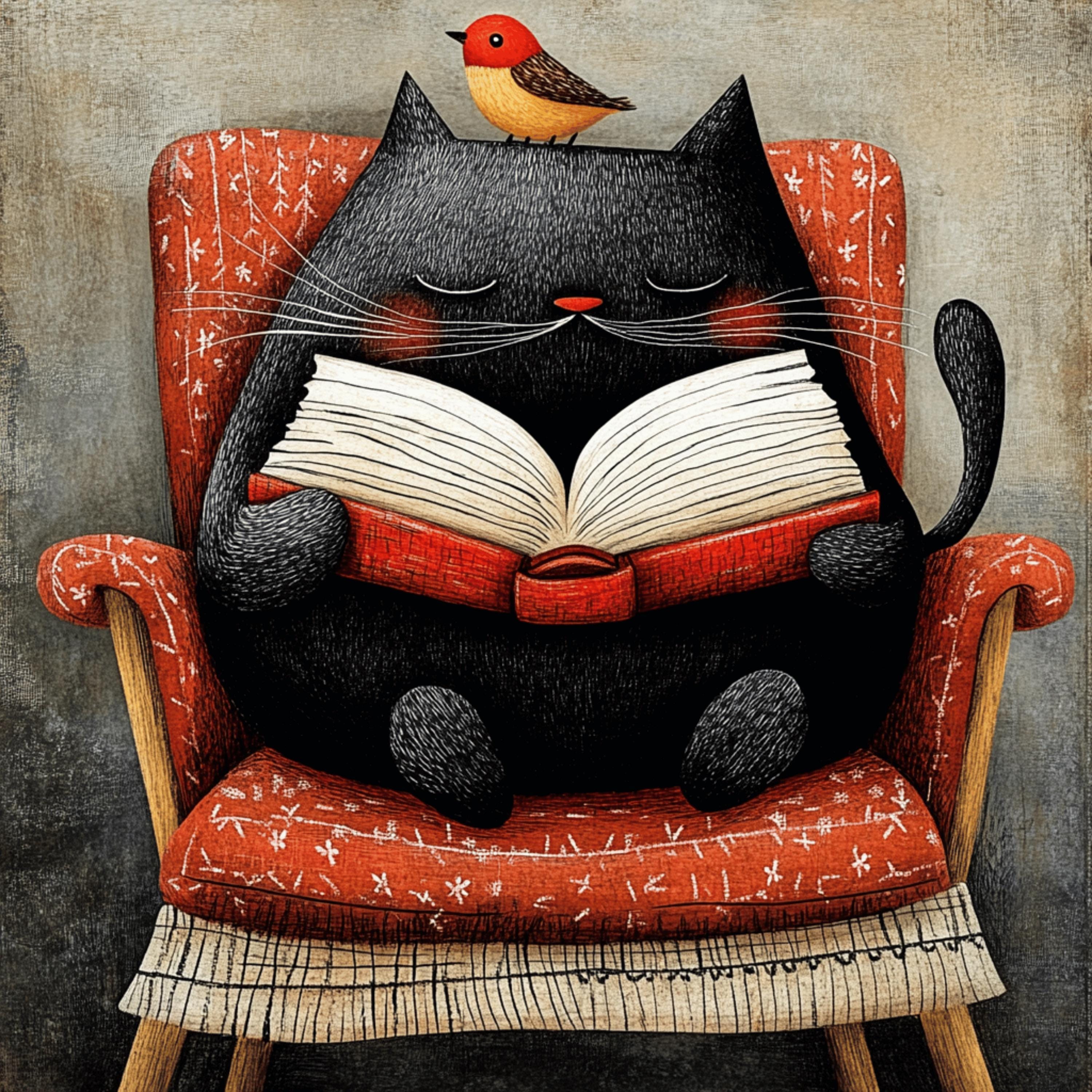12 Cat and Bird Reading Book Artwork, Kids Room Decor, Nursery Wall Art, Playroom Decor, Large Square Art Print, Cute Animal Picture