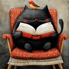 12 Cat and Bird Reading Book Artwork, Kids Room Decor, Nursery Wall Art, Playroom Decor, Large Square Art Print, Cute Animal Picture