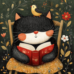 12 Cat and Bird Reading Book Artwork, Kids Room Decor, Nursery Wall Art, Playroom Decor, Large Square Art Print, Cute Animal Picture