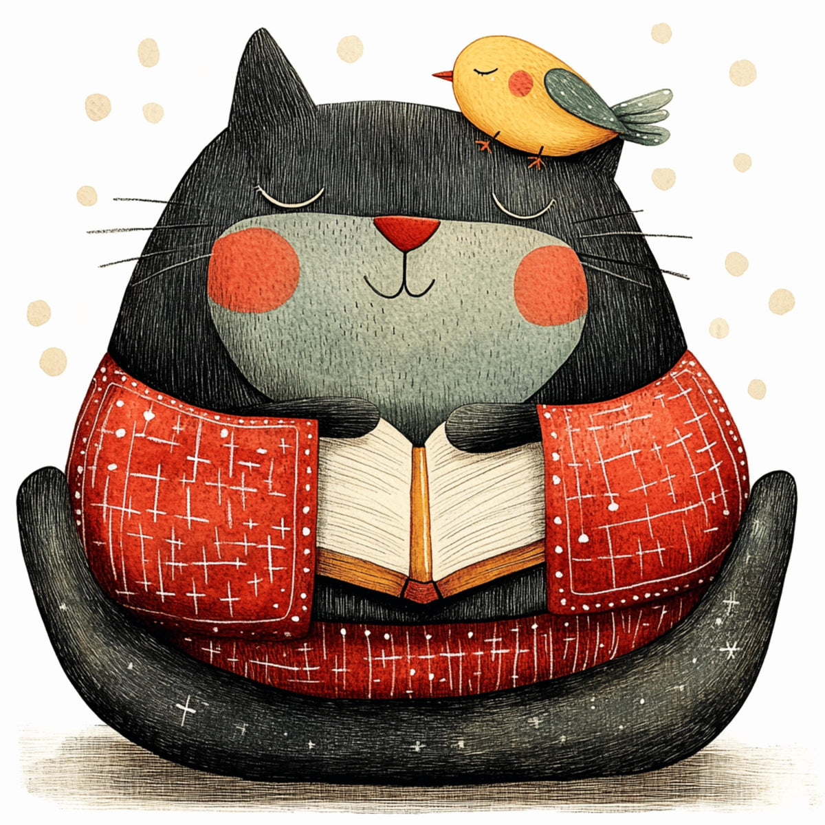 12 Cat and Bird Reading Book Artwork, Kids Room Decor, Nursery Wall Art, Playroom Decor, Large Square Art Print, Cute Animal Picture