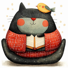 12 Cat and Bird Reading Book Artwork, Kids Room Decor, Nursery Wall Art, Playroom Decor, Large Square Art Print, Cute Animal Picture